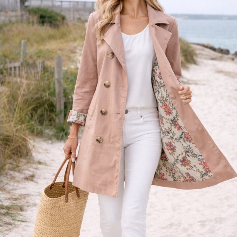 SUNDANCE lightweight pea coat/ trench. Floral lined, Cottage Core Spring/Summer
